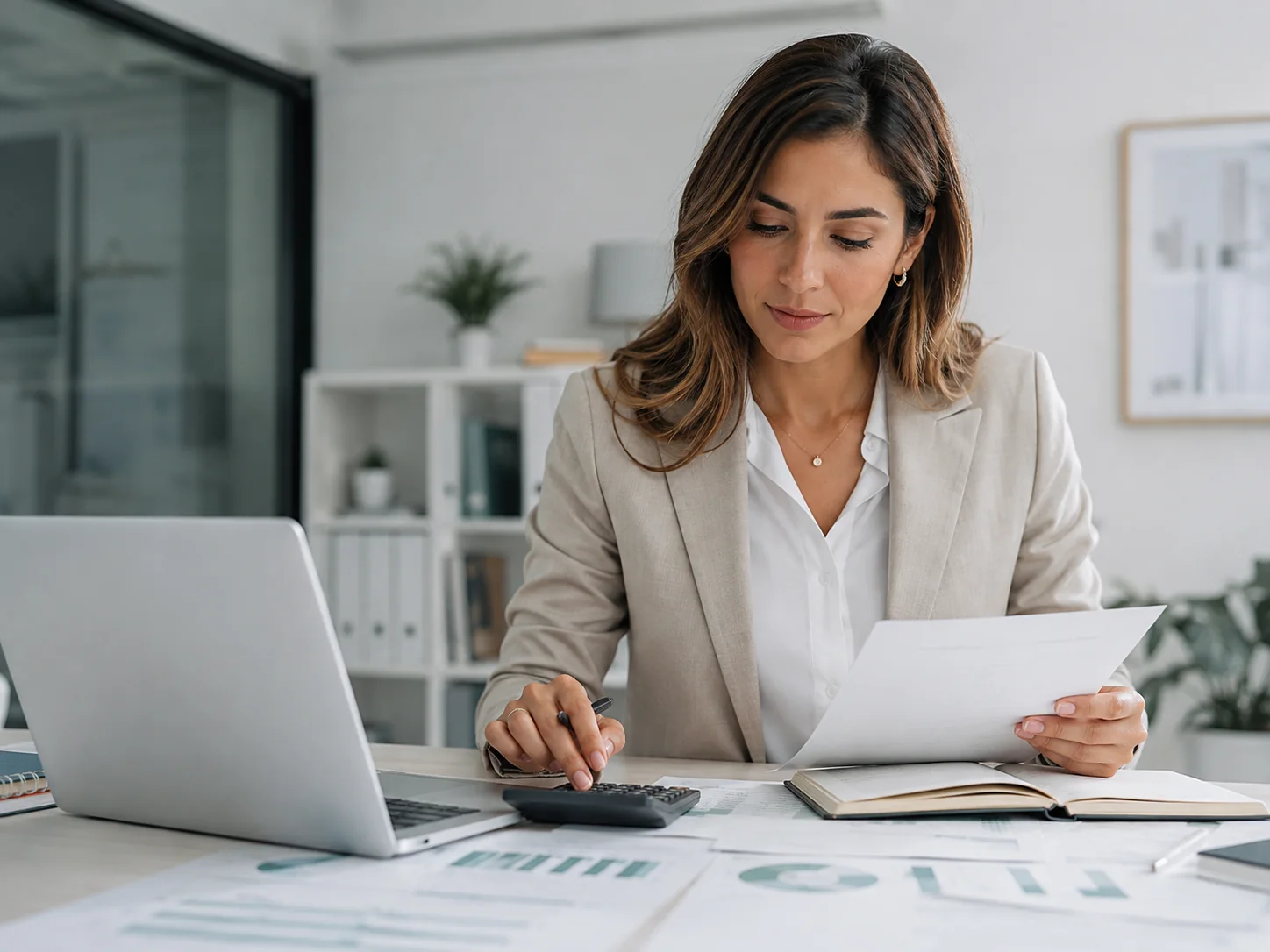 Profissional analisando relatórios financeiros em escritório