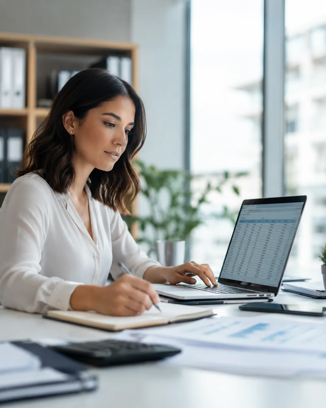 Profissional de contabilidade trabalhando em notebook com planilha de cálculos