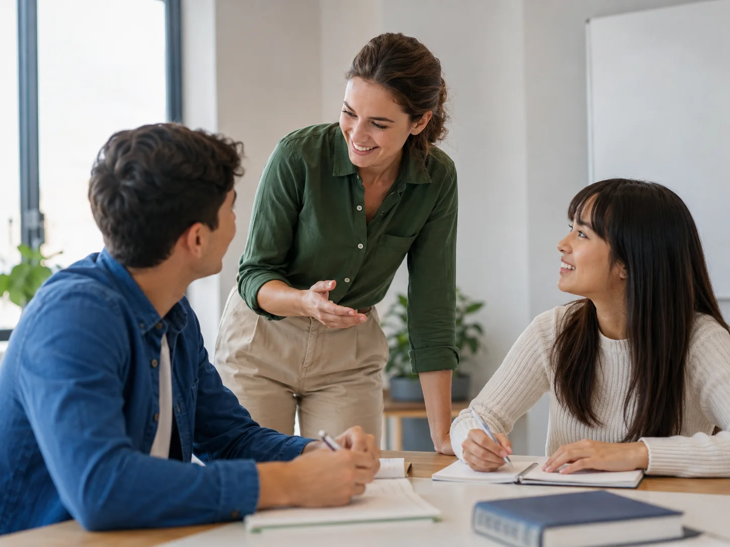 Professora orientando dois alunos em sala de aula de escola de idiomas