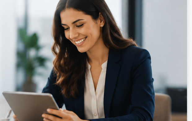 Profissional de seguros analisando informações em tablet