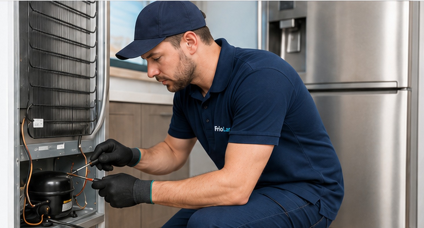 Técnico realizando manutenção em geladeira