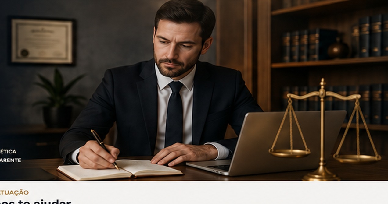 Advogado trabalhando em escritório com livros jurídicos e balança da justiça